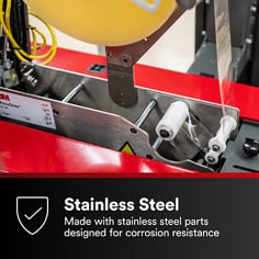 Close-up of stainless steel taping head components. Stainless Steel, Made with stainless steel parts designed for corrosion resistance.