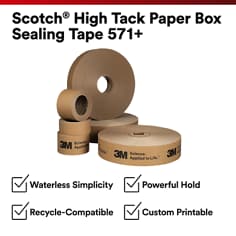 Product render of Scotch paper box sealing tape rolls with four feature checkmarks. The visible text is Scotch High Tack Paper Box Sealing Tape 571+, Waterless Simplicity, Powerful Hold, Recycle-Compatible, Custom Printable.
