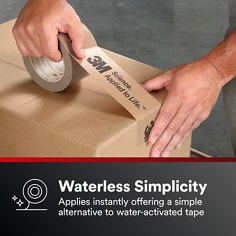 A hand applies Scotch tape to seal a cardboard box. The visible text is Waterless Simplicity, Applies instantly offering a simple alternative to water-activated tape.