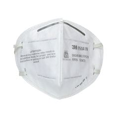 White disposable respirator mask with a flat-fold design and a central vertical seam that allows the mask to expand to fit over the nose and mouth. It includes elastic head straps for securing the mask and is designed to filter airborne particles.