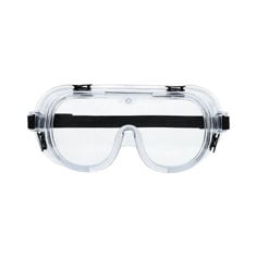 Clear protective safety goggles with a transparent wraparound lens and a soft frame, designed to cover the eyes completely and provide protection from dust, chemicals, or flying particles.