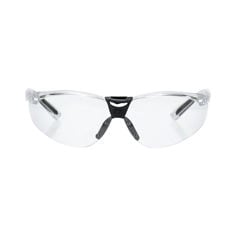 Clear safety glasses with a single wraparound transparent lens and black temple arms. The glasses are lightweight and designed to protect the eyes from dust, debris, and impact while maintaining visibility.