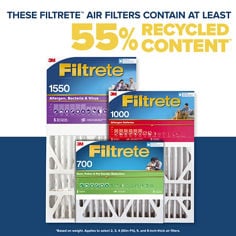 White background image with a headline reading These Filtrete™ air filters contain at least 55% recycled content. Three Filtrete air filter packages are shown overlapping in the center with visible 3M logos and Filtrete branding. The packages show 1550 Allergen Bacteria and Virus, 1000 Allergen Defense, and 700 Dust Pollen and Pet Dander Reduction. A dark blue band appears along the bottom with a small disclaimer stating based on weight and applying to select 2, 3, 4 Slim Fit, 5, and 6 inch thick air filters.