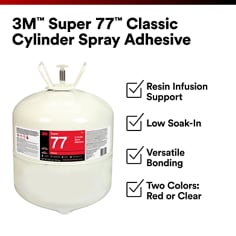 Product graphic showing a 3M Super 77 Classic cylinder spray adhesive container with feature checkmarks. 3M™ Super 77™ Classic Cylinder Spray Adhesive, Resin Infusion Support, Low Soak-In, Versatile Bonding, Two Colors: Red or Clear