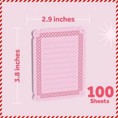 Post-it notepad, pink lined pad with decorative red border, center front view, out of pack. Text reads: 2.9 inches, 3.8 inches, 100 Sheets.