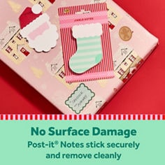 Post-it® brand image showing notes and tags attached to gifts and wrapping paper. Text reads "No Surface Damage, Post-it® Notes stick securely and remove cleanly."