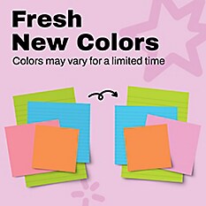 Promotional "before and after" image on a light pink background with star graphics. Text reads "Fresh New Colors" and "Colors may vary for a limited time." Shows sticky note pads in green, blue, pink, and orange, with faint ruled lines on some sheets, and a black curved arrow connecting two groupings of colors to show a color change.
