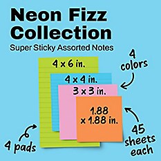 Post-it® brand promotional image on a light blue background. Text reads "Super Sticky Assorted Notes," "4 colors," "4 pads," and "45 sheets each." Shows four stacked sticky note pads in lime green, aqua blue, pink, and orange, in four sizes: 4 in. x 6 in., 4 in. x 4 in., 3 in. x 3 in., and 1.88 in. x 1.88 in., with black handwritten-style labels and arrows pointing to each size.
