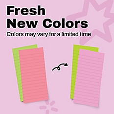 Promotional "before and after" image on a light pink background with star graphics. Text reads "Fresh New Colors" and "Colors may vary for a limited time." Shows lined sticky note sheets in bright pink, light pink, and lime green, with a black curved arrow pointing from one color grouping to another to indicate a color change.