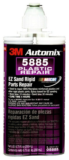 3M™ Rigid Parts Repair is a two-part epoxy designed for use as a filler and an adhesive. This product is designed to repair SMC, FRP (traditional fiberglass) and other rigid plastic parts. This adhesive filler is easy to sand and formulated for excellent featheredge