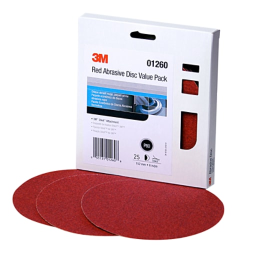 3M™ Red Abrasive Stikit™ Disc Value Pack, 01260, 6 in, P80, 25 discs per carton, 4 cartons per case