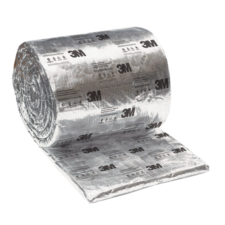 A large roll of silver 3M Fire Barrier Duct Wrap 615 partially unrolled against a white background.