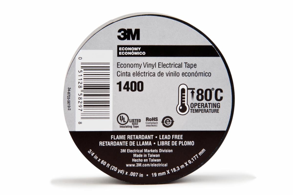 3M™ Economy Vinyl Electrical Tape 1400, 3/4 in x ‎60 ft, Black, 1.5 in