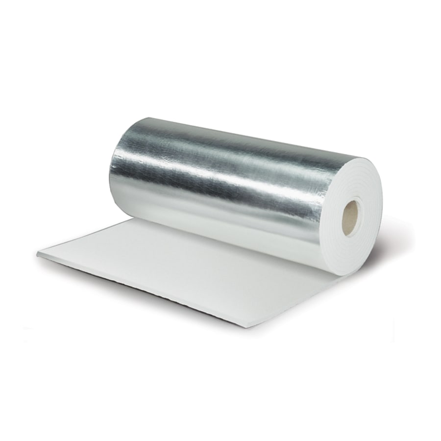 A roll of silver Interam Endothermic Mat showing its white backing material as it unrolls.