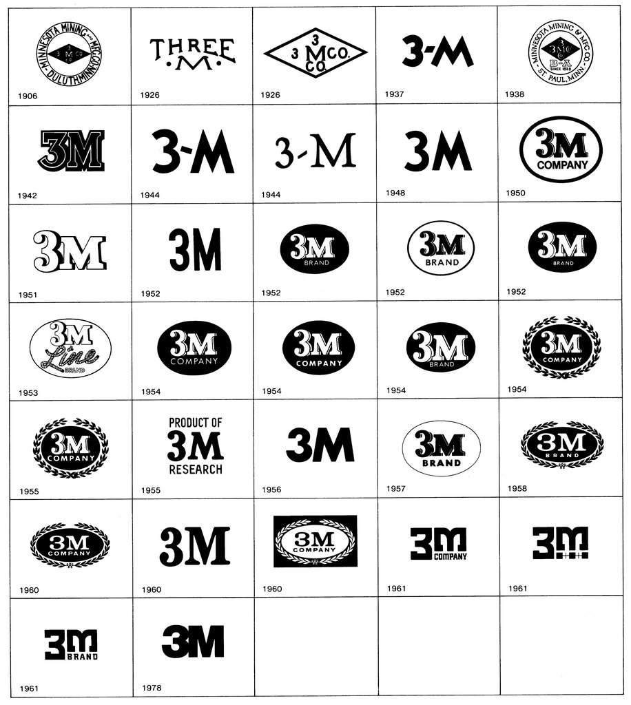 A chronological display of the 3M logo evolution from 1906 to 1978. The logos vary in design, featuring different fonts, styles, and additional elements.