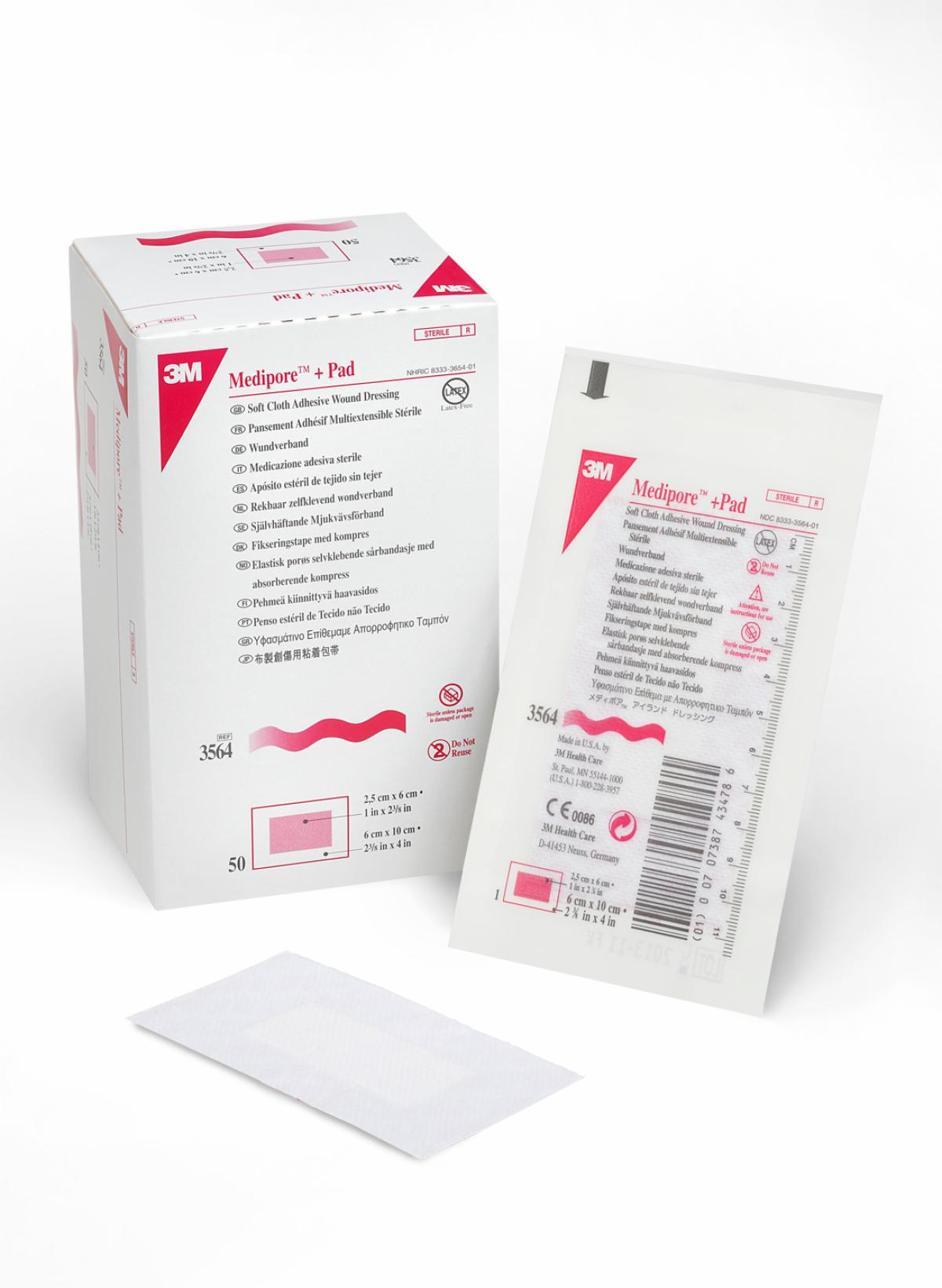 3M™ Medipore™ +Pad Soft Cloth Adhesive Wound Dressing, 3564, 6 cm x 10