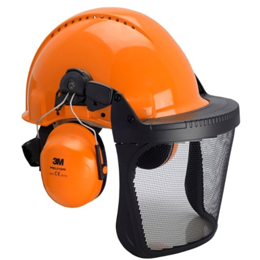 Combinazione kit forestale 3M™, elmetto G3000 in arancione, cuffie  auricolari H31, visiera in rete metallica V5C, G3000NOR31V5C | 3M Italia